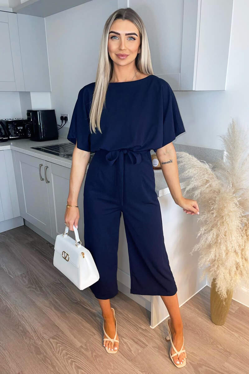 Navy Tie Waist Short Sleeve Culotte Jumpsuit