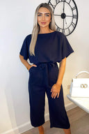 Navy Tie Waist Short Sleeve Culotte Jumpsuit