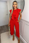 Red Frill Front Belted Jumpsuit