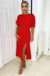 Red Ruffle Split Leg Midi Dress