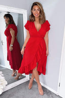 Red Wrap Over Frill Hem Short Sleeve Midi Dress