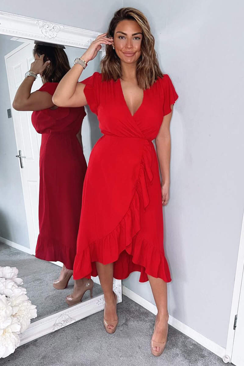 Red Wrap Over Frill Hem Short Sleeve Midi Dress