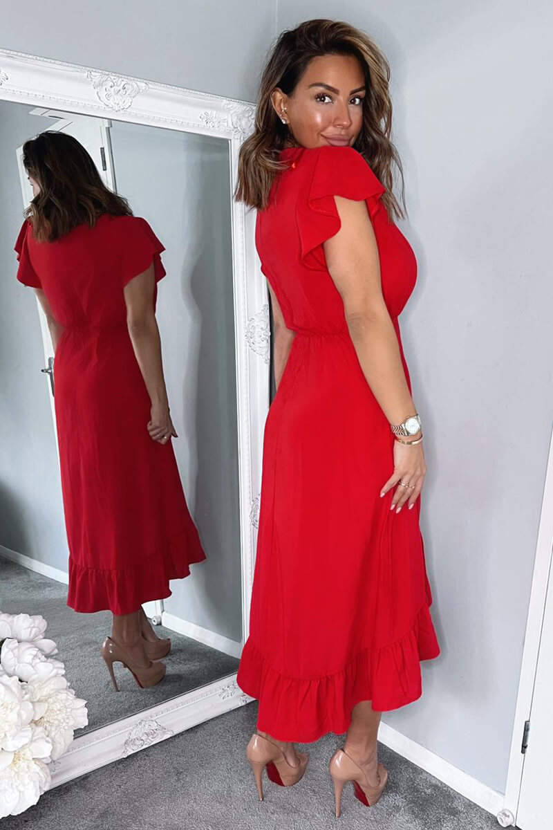 Red Wrap Over Frill Hem Short Sleeve Midi Dress