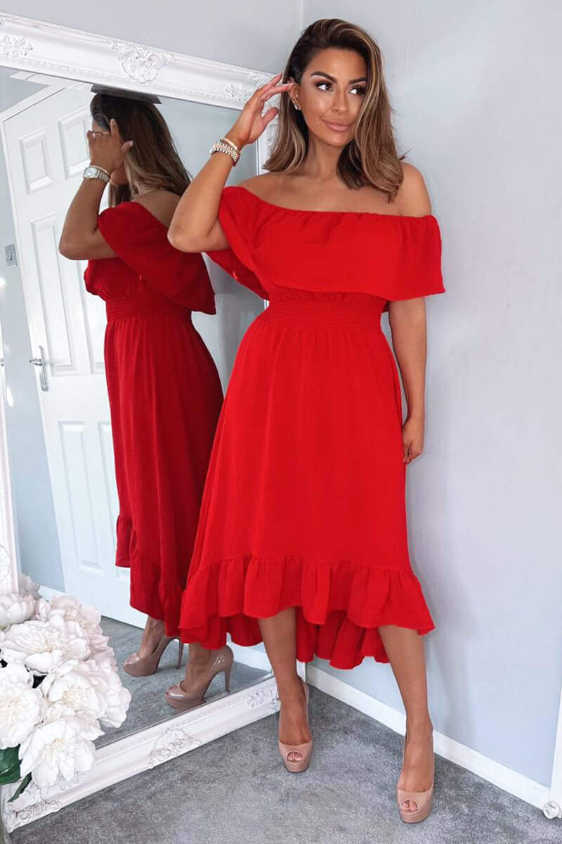 midi length bardot dress Red Bardot Style Midi Dress – AX Paris US