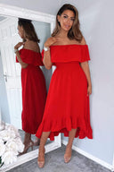 Red Bardot Style Midi Dress