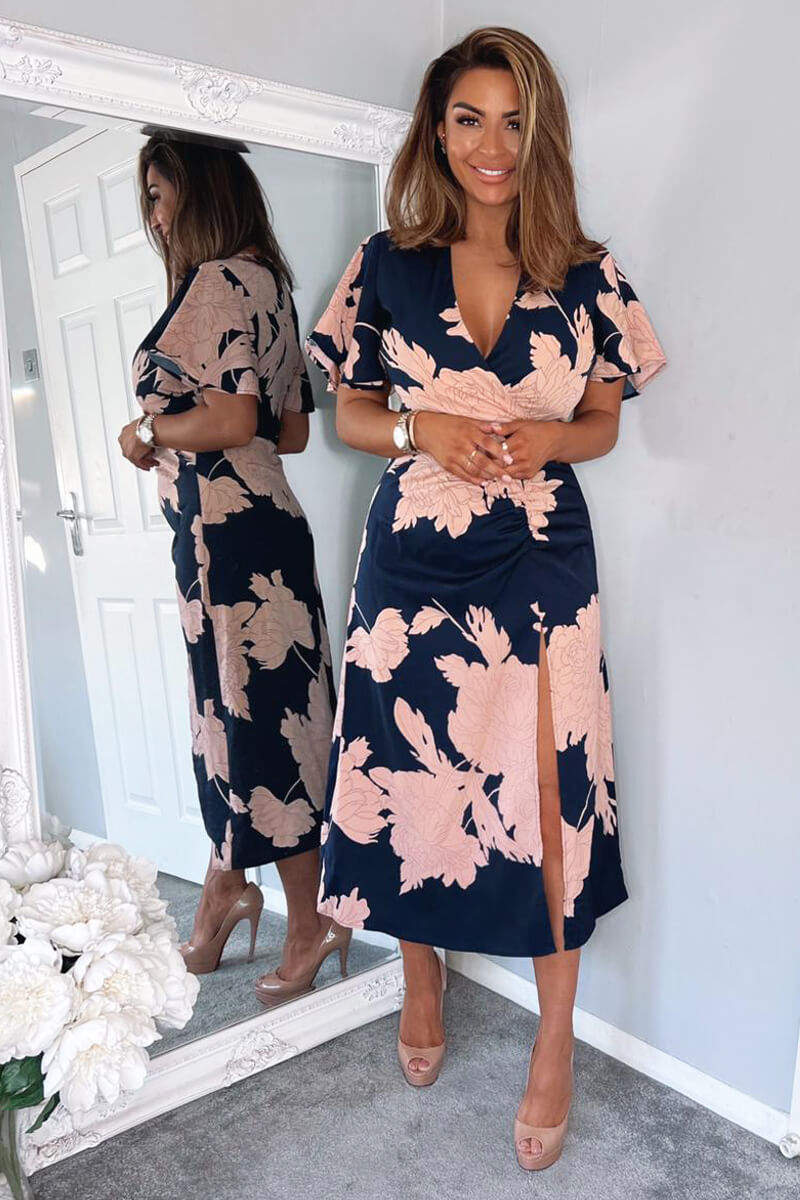 Navy And Blush Floral Print Bell Sleeve Midi Dress Navy And Blush Floral Print Bell Sleeve Midi Dress