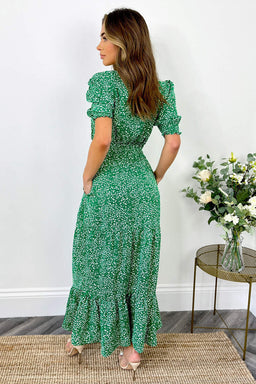 Green And White Printed Shirred Waist Smock Dress