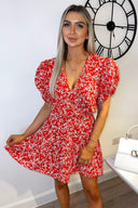 Red Floral Puff Sleeve Wrap Over Mini Dress