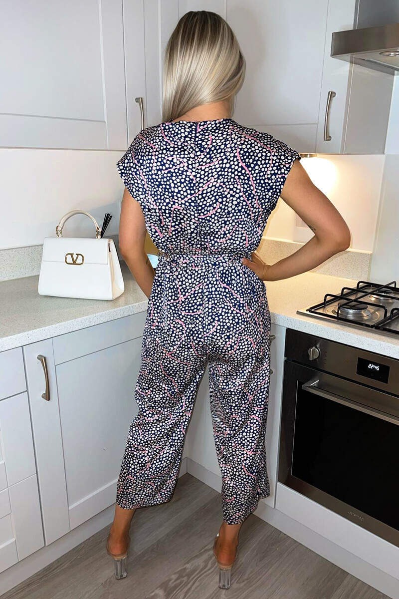 Navy White And Pink Printed Wrap Jumpsuit
