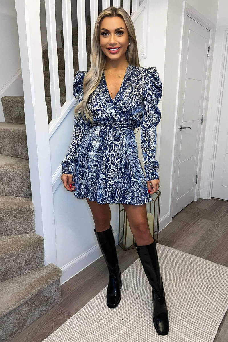 Blue Snake Print Long Puff Sleeve Mini Dress – AX Paris US