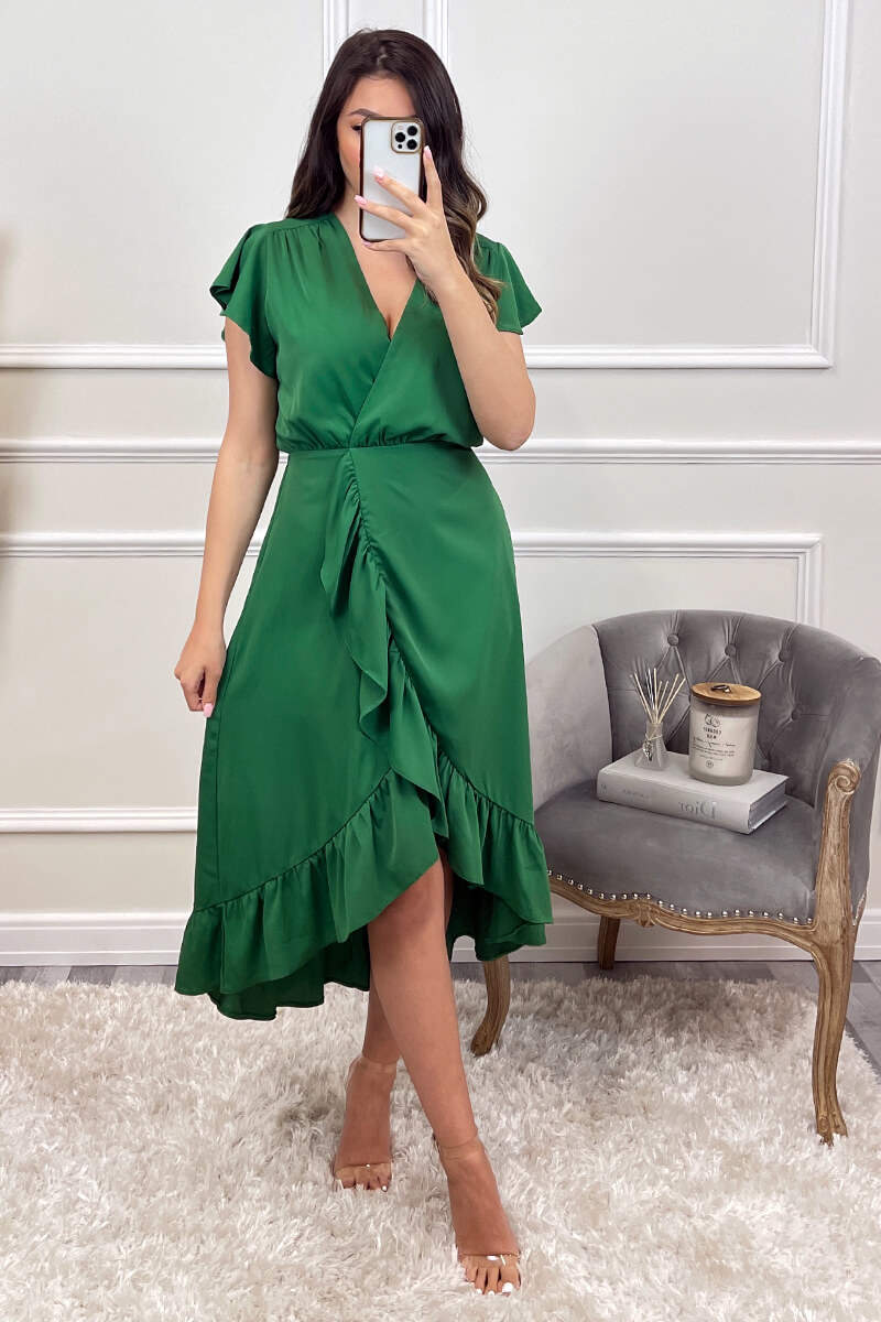 Green Wrap Over Frill Hem Short Sleeve Midi Dress