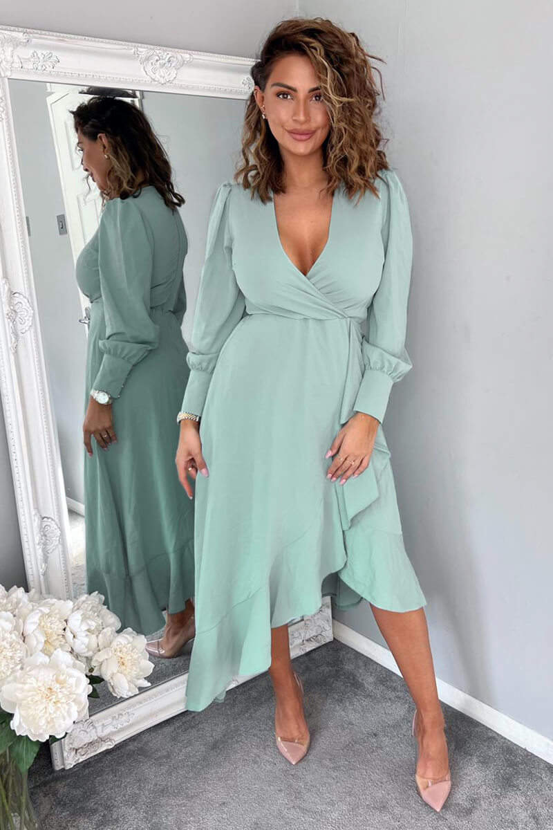 Duck Egg Long Sleeve Frill Wrap Midi Dress