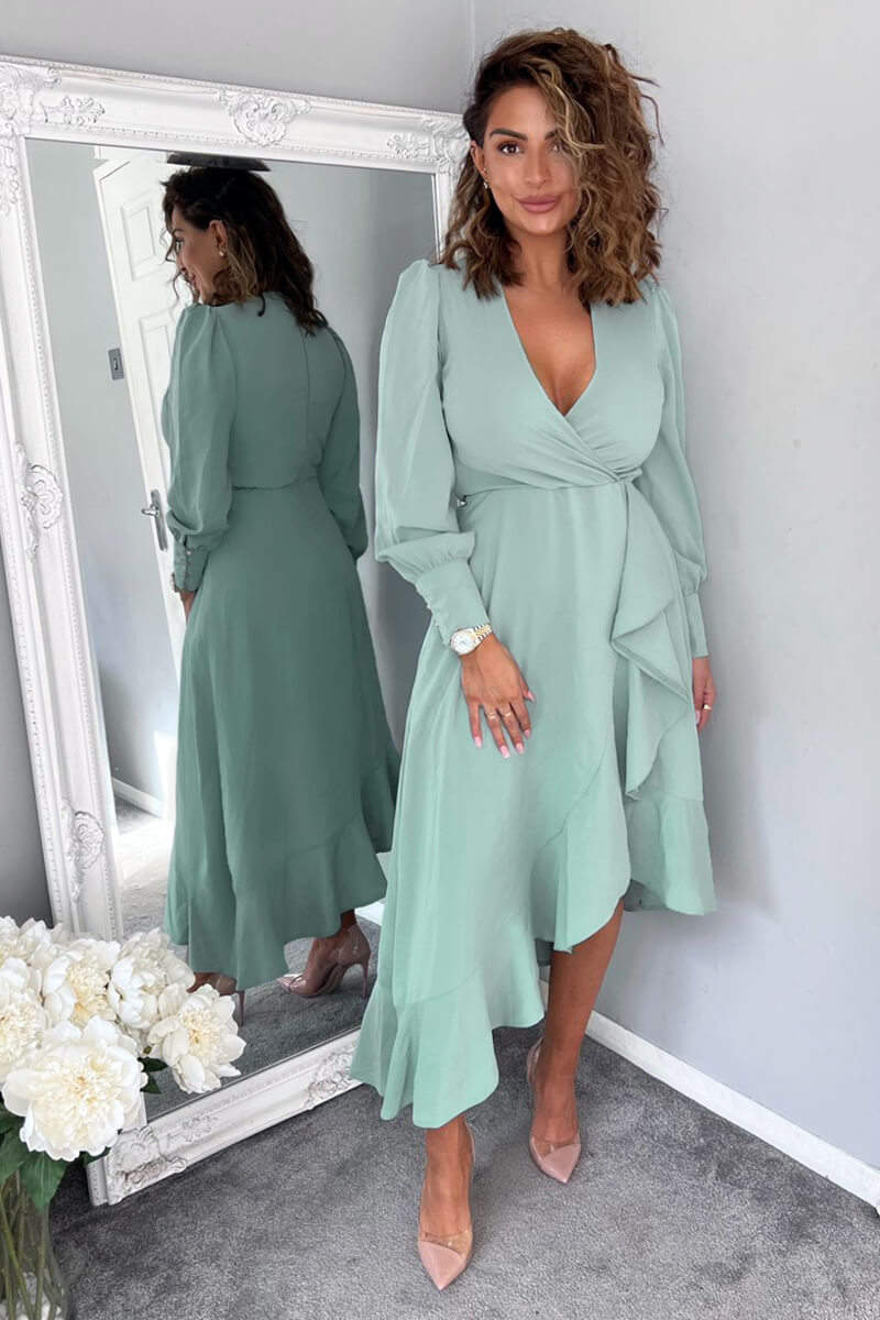 Duck Egg Long Sleeve Frill Wrap Midi Dress