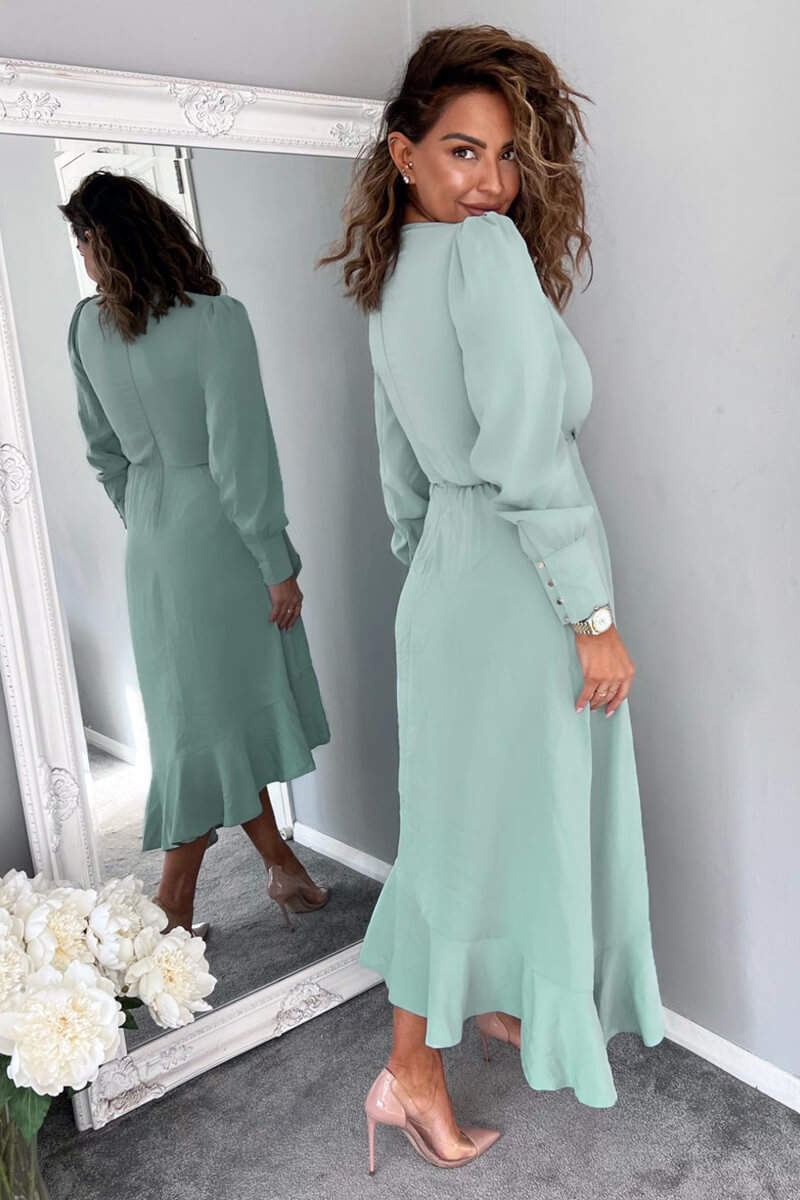 Duck Egg Long Sleeve Frill Wrap Midi Dress