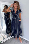 Navy Striped Short Sleeve Midi Shirt Dress