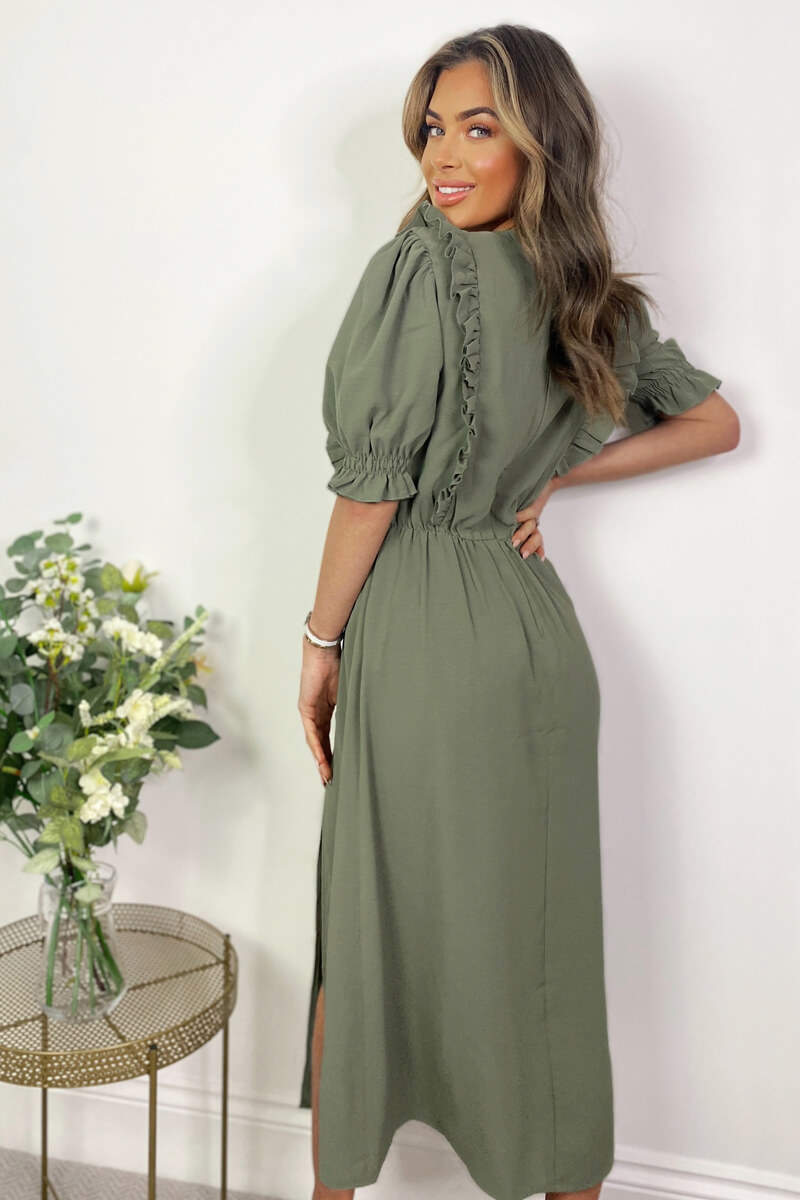 Khaki Ruffle Split Leg Midi Dress