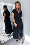 Black Short Sleeved V-Neck Midi Smock Dress