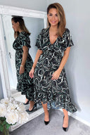 Black And Green Marble Print Dip Hem Midi Dress