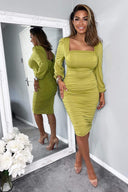 Lime Square Neck Ruched Long Sleeve Midi Dress