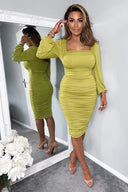 Lime Square Neck Ruched Long Sleeve Midi Dress