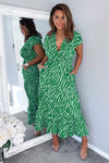 Green And White Animal Print Collared Smock Midi Dress