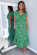 Green And White Animal Print Collared Smock Midi Dress