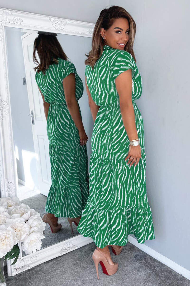 Green And White Animal Print Collared Smock Midi Dress