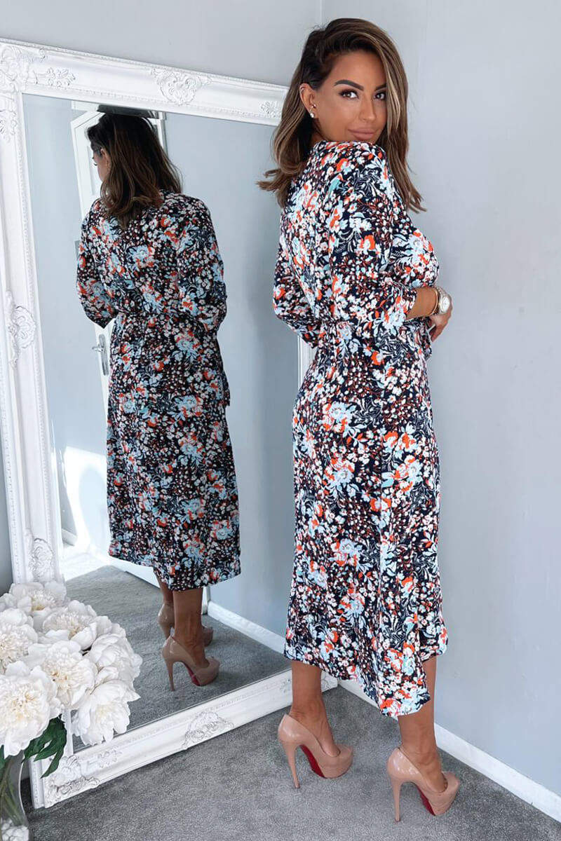 Navy Floral Wrap Tie Front Midi Dress