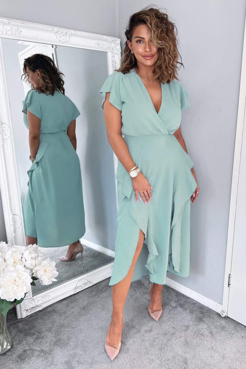 Duck Egg Frill Detail Double Split Skirt Midi Dress – AX Paris US