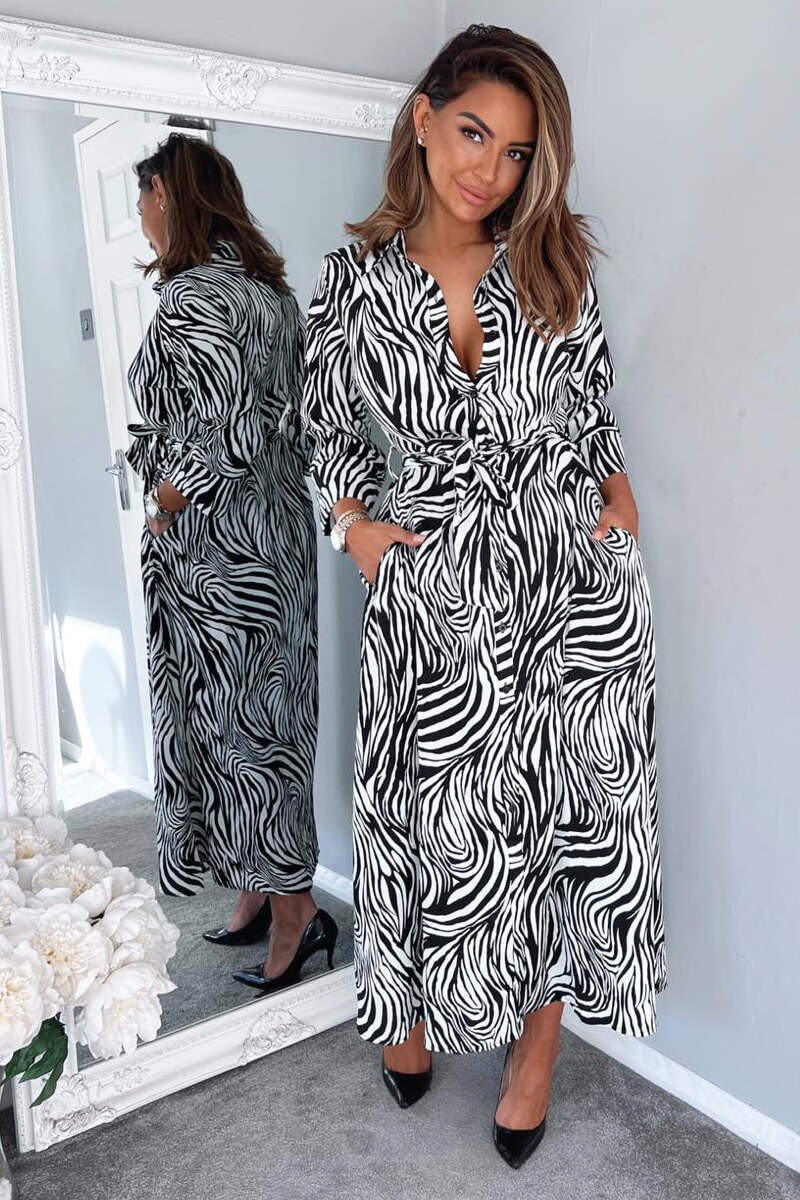 Black And White Zebra Print Midi Shirt Dress