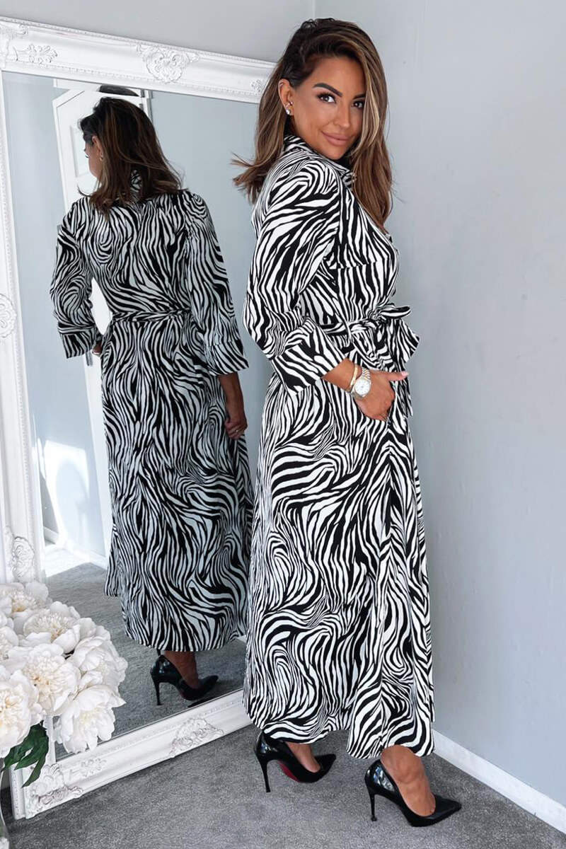 Black And White Zebra Print Midi Shirt Dress