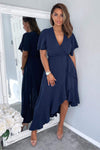 Navy Wrap Over Top Frill Hem Midi Dress