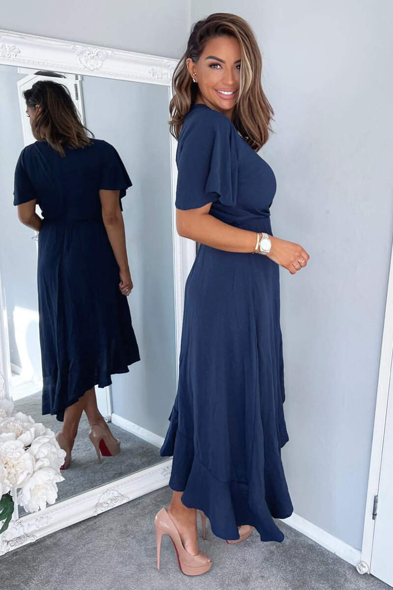 Navy Wrap Over Top Frill Hem Midi Dress