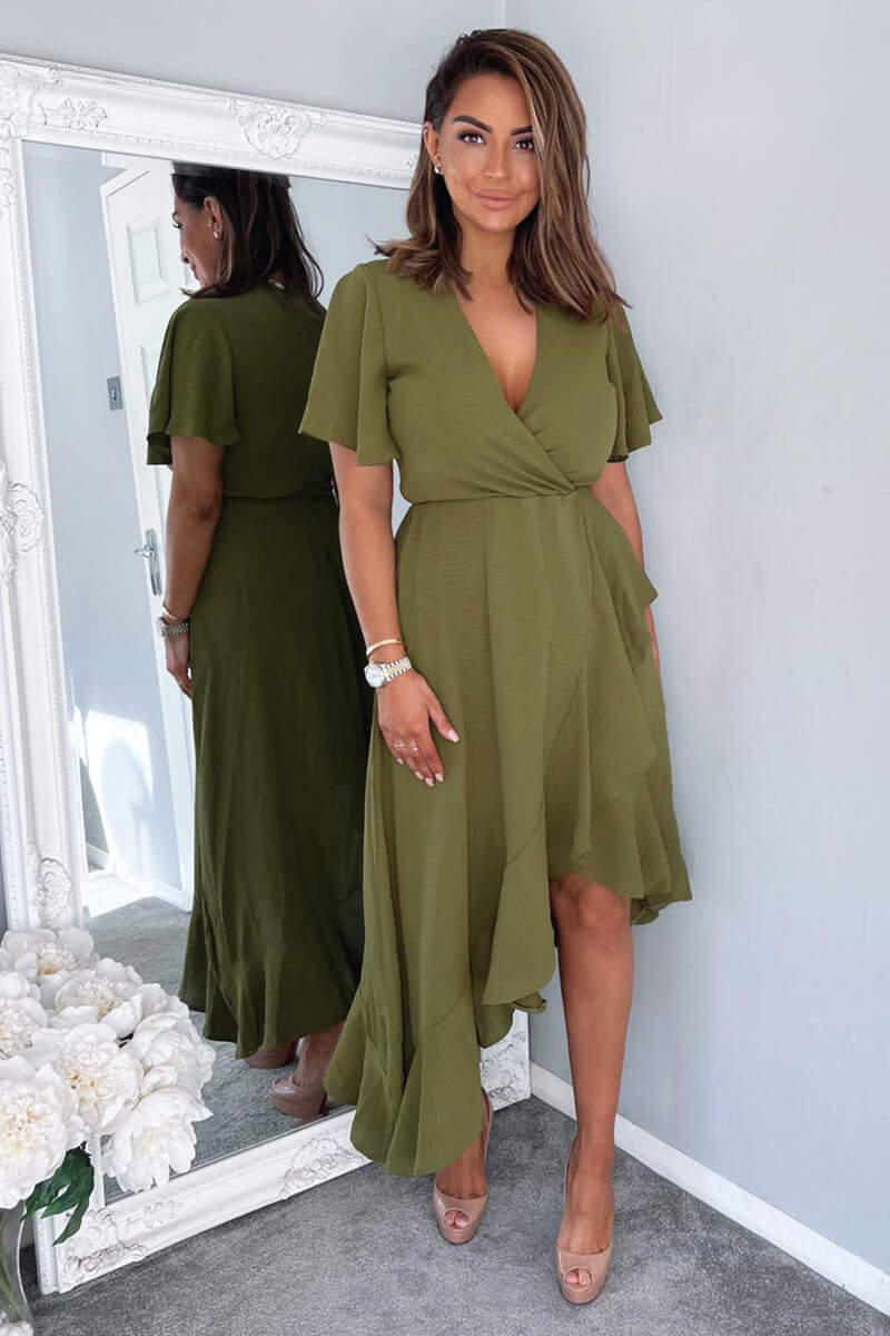 Olive Wrap Over Top Frill Hem Midi Dress AX Paris US Olive Wrap Over Top Frill Hem Midi Dress AX Paris US