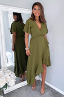 Olive Wrap Over Top Frill Hem Midi Dress