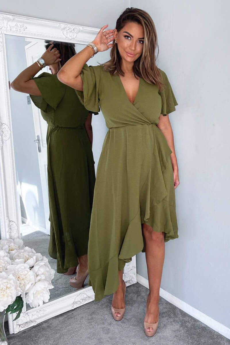 Olive Wrap Over Top Frill Hem Midi Dress