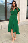 Green Wrap Over Frill Hem Short Sleeve Midi Dress