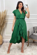 Green Wrap Over Frill Hem Short Sleeve Midi Dress