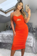 Burnt Orange Ruched Cut Out Front Midi Bodycon Dress