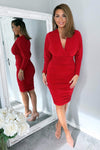 Red Ruched Wrap Top Midi Dress