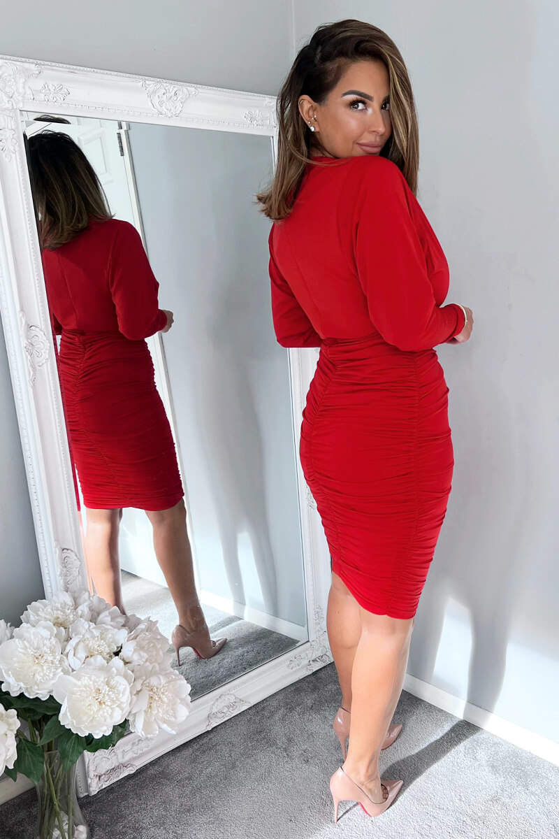 Red Ruched Wrap Top Midi Dress