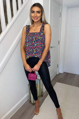Navy Floral Printed Elasticated Strap Top
