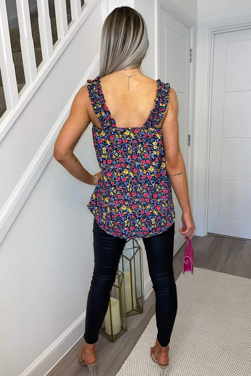 Navy Floral Printed Elasticated Strap Top