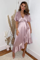 Dusty Pink Satin Frill Hem Short Sleeve Midi Dress