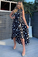 Black And White Polka Dot Gathered Midi Dress