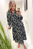 Black And White Printed Button Up Midi Shirt Dress