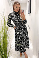 Black And White Printed Button Up Midi Shirt Dress