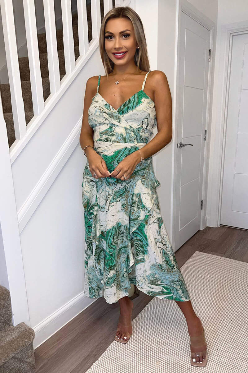 Green Marble Print Double Frill Strappy Midi Dress