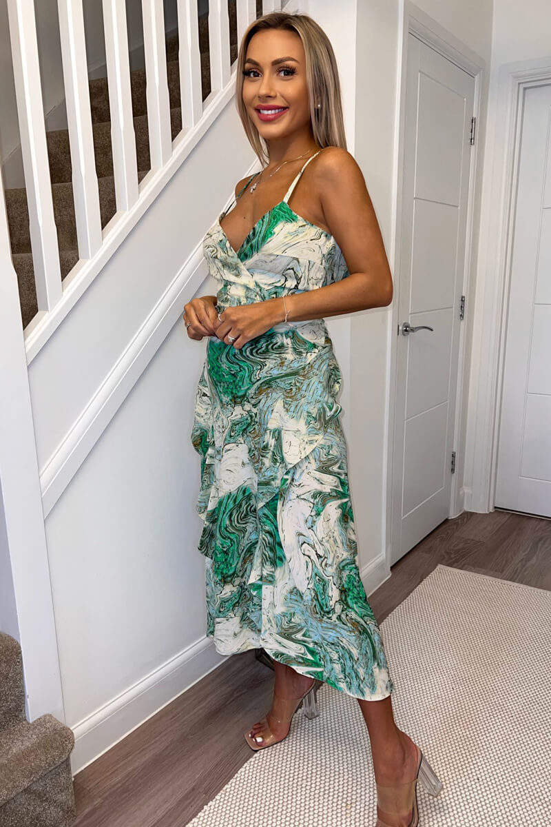 Green Marble Print Double Frill Strappy Midi Dress