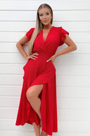 Red Frill Detail Double Split Skirt Midi Dress